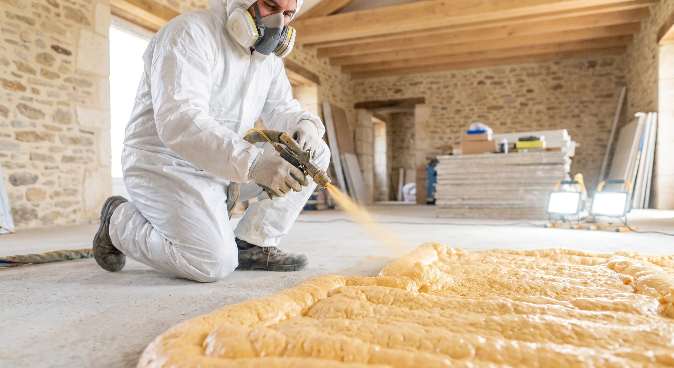 Intérieur d'un bâtiment en rénovation, toiture en pente avec charpente bois apparente