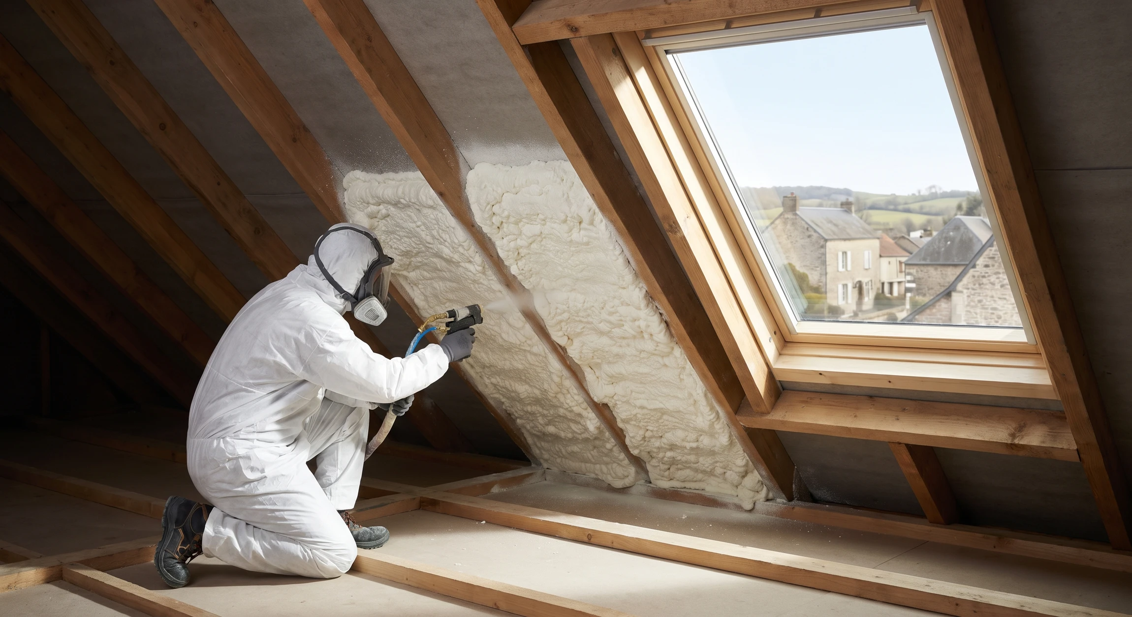 Photographie d'un professionnel en équipement de protection (masque, gants, combinaison de travail adaptée) projetant de la mousse polyuréthane expansée sur les rampants de toiture d'un comble aménagé. La mousse blanche remplit la cavité entre la charpente bois et le parement intérieur. La scène capture l'action dynamique de projection en toiture inclinée, mettant en évidence la technique exclusive de Jim-Isol. Lumière naturelle pénétrant par une fenêtre de toit (Velux). Ambiance professionnelle et maîtrisée d'un chantier en cours.