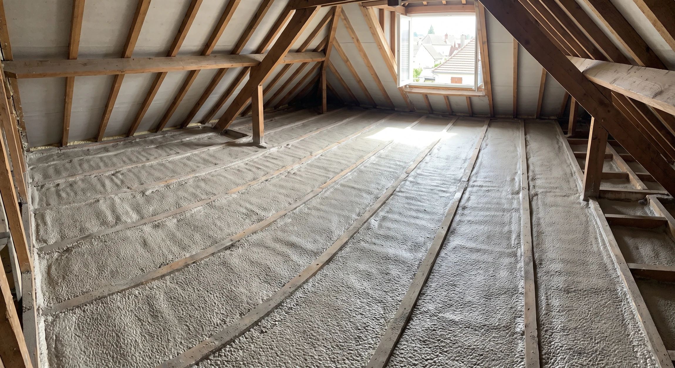 Intérieur de combles d'une maison en cours de rénovation. Vue en plongée ou légèrement en contre-plongée d'une zone de plancher de combles dont la surface est entièrement recouverte de mousse polyuréthane expansée beige-gris, fraîchement projetée et régularisée. La mousse isolante remplit les espaces entre les solives bois apparentes sans réduire la hauteur disponible sous combles. Structures bois de la charpente (chevrons, solives) visibles aux bordures. Espace de combles aéré et lumineux, permettant de constater qu'aucune place n'a été perdue. Ambiance de chantier professionnel, net et maîtrisé.
