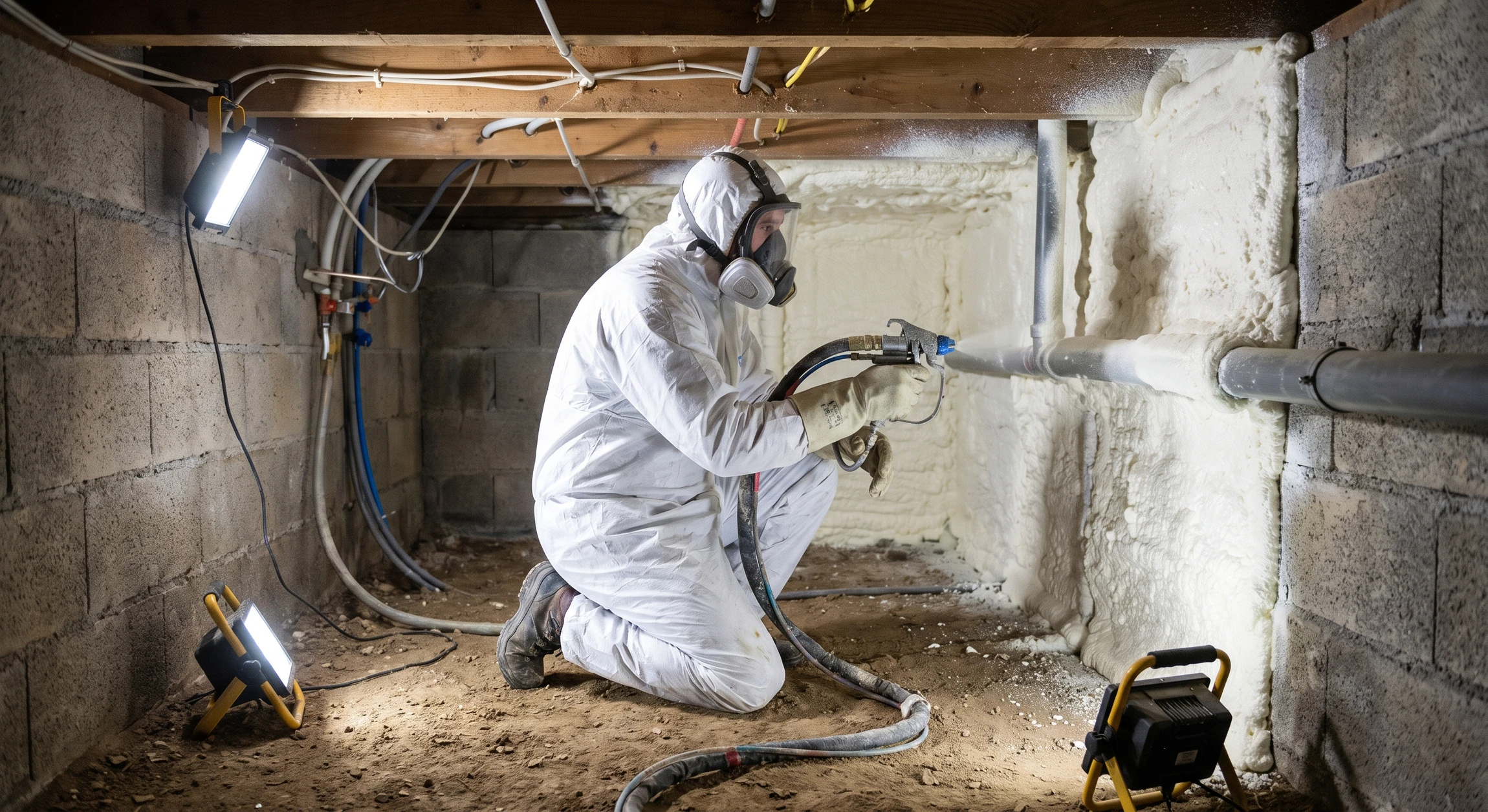 Technicien en combinaison de protection blanche et masque respiratoire, équipé d'un pistolet de projection de mousse polyuréthane, travaillant dans un vide sanitaire sous une maison (espace bas entre le sol et les fondations). L'espace montre les murs de fondation en parpaing ou béton, des tuyaux et conduits d'arrivée d'eau/électricité visibles. La mousse blanche expansée est visible en cours d'application sur les surfaces latérales. Éclairage de chantier. L'image doit capturer l'aspect professionnel et technique de l'isolation thermique en environnement confiné.