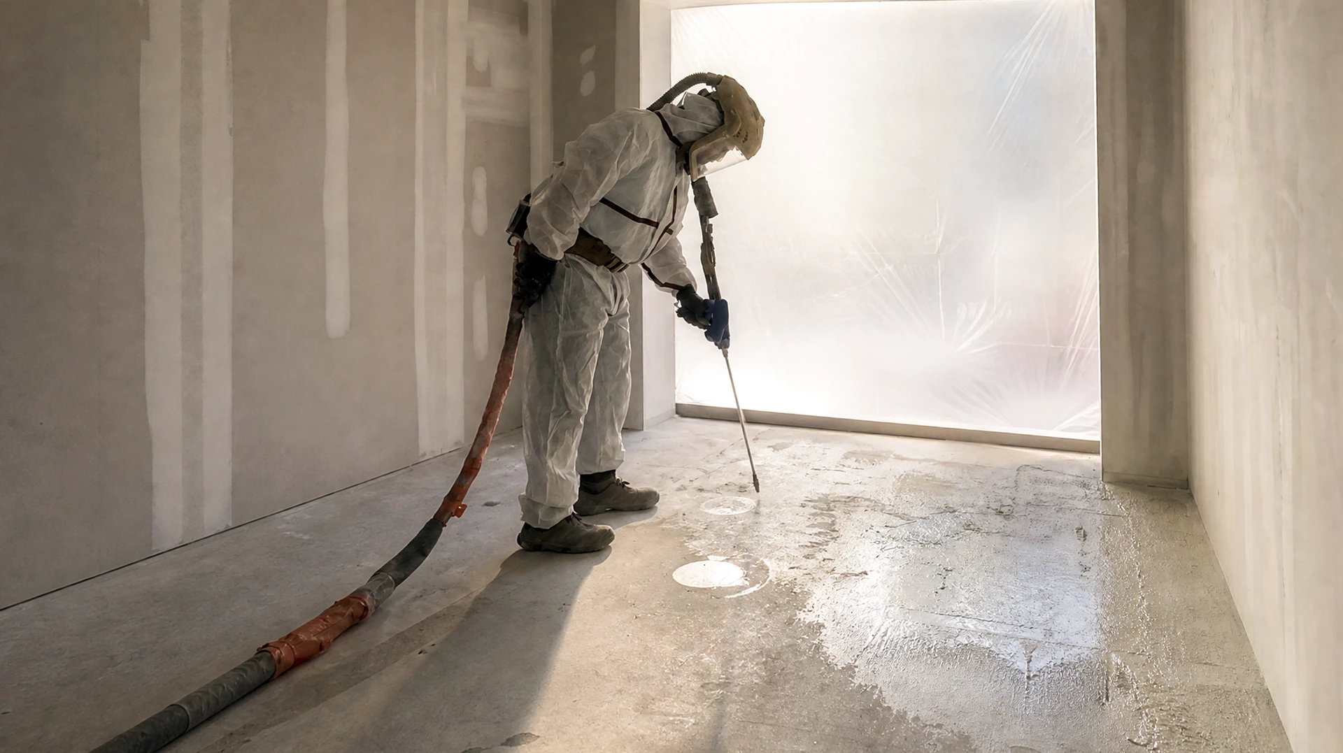 Chantier intérieur de rénovation, vue au ras du sol. Un technicien en combinaison blanche de protection et masque équipé d'un pistolet de projection applique de la mousse polyuréthane expansée sur un sol en béton nu. La mousse jaune-orange est en cours de projection, montrant l'expansion progressive. En arrière-plan flou, murs en béton brut, autres zones du sol déjà couvertes de mousse solidifiée, ossature du bâtiment visible. Lumière de chantier. Image prise de côté pour bien montrer l'épaisseur de la mousse isolante appliquée et la technique en action.