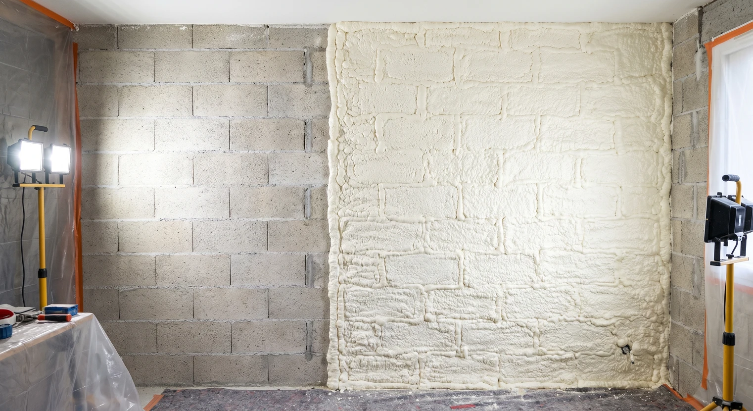Ouvrier équipé d'un masque de protection et combinaison appliquant de l'isolant thermique par projection sur chevrons de toiture en construction intérieure