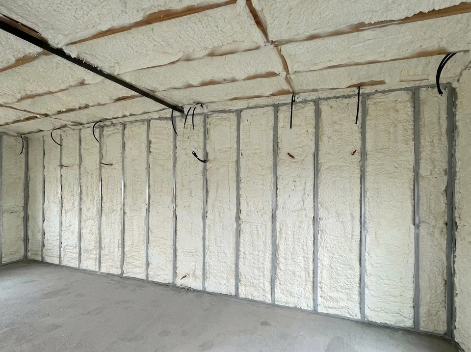 Chantier intérieur en cours, grande pièce vide avec cloisons en plaques de plâtre (BA13), ossature bois apparente aux ouvertures