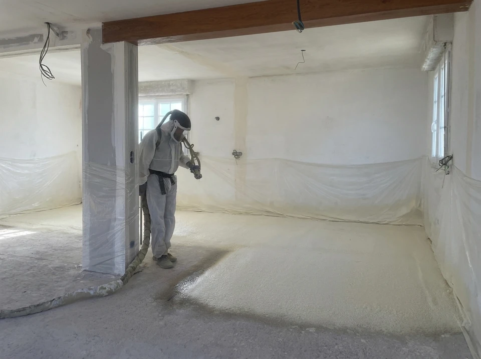 Pièce en cours de rénovation, combles aménagés avec rampants de toiture visibles